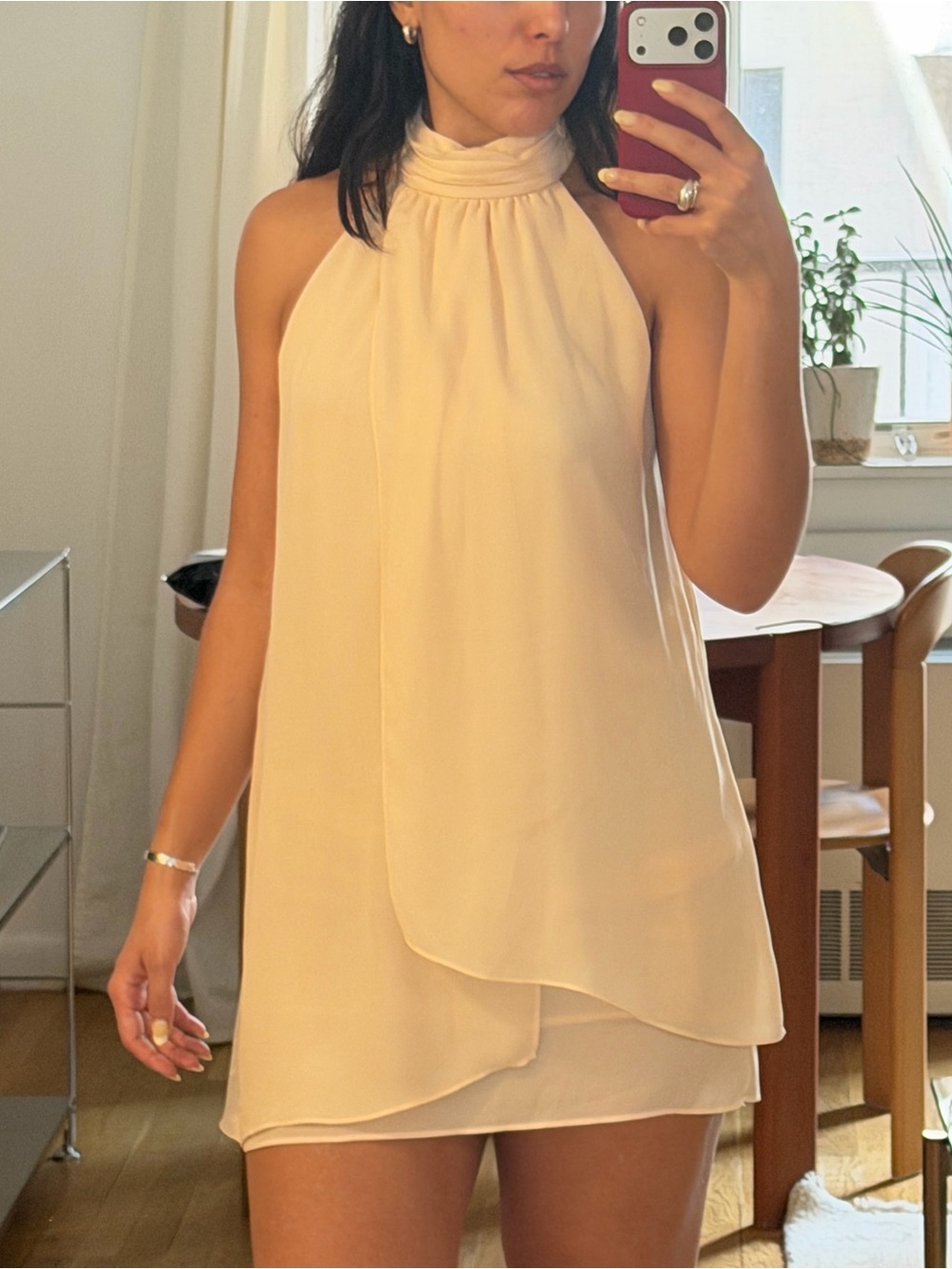 Chiffon Halter Neck Mini Dress in Soft peachy cream